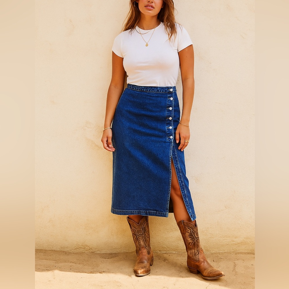 Free People Jasmine Denim Side Button Midi Skirt Split Front Jean